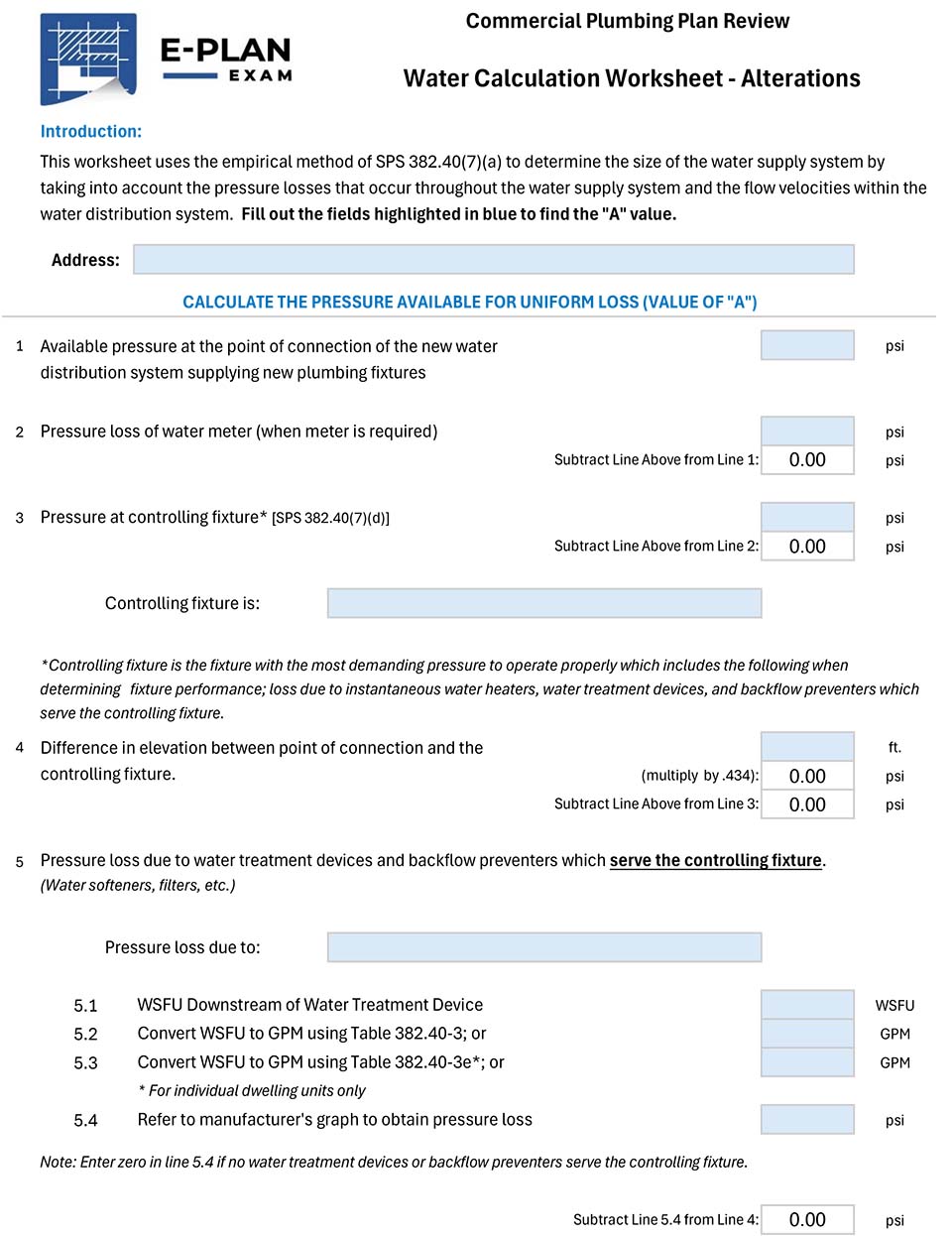 E-Plan Exam - Water Calculation Worksheet - Alterations