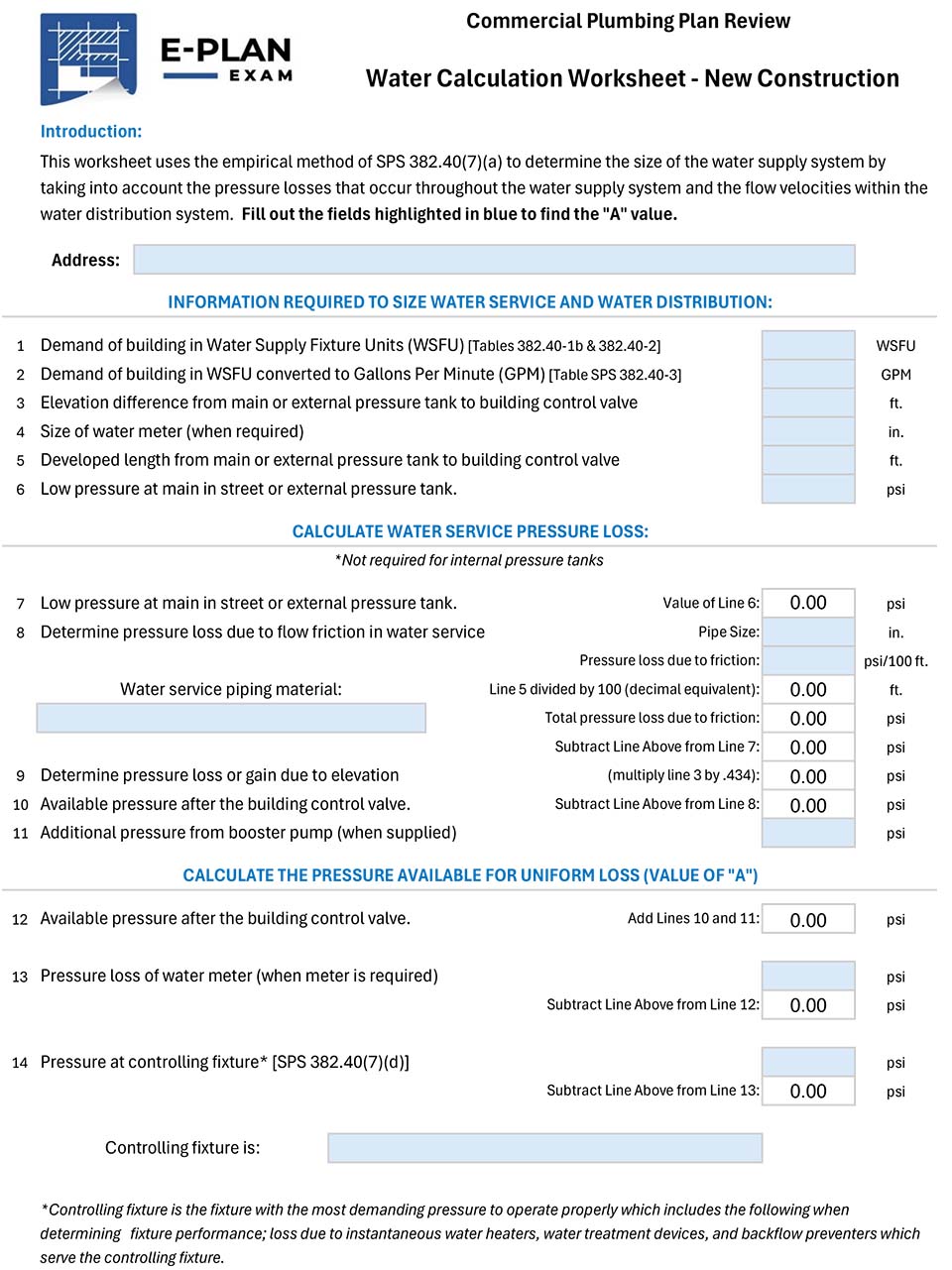 E-Plan Exam - Water Calculation Worksheet - New Construction
